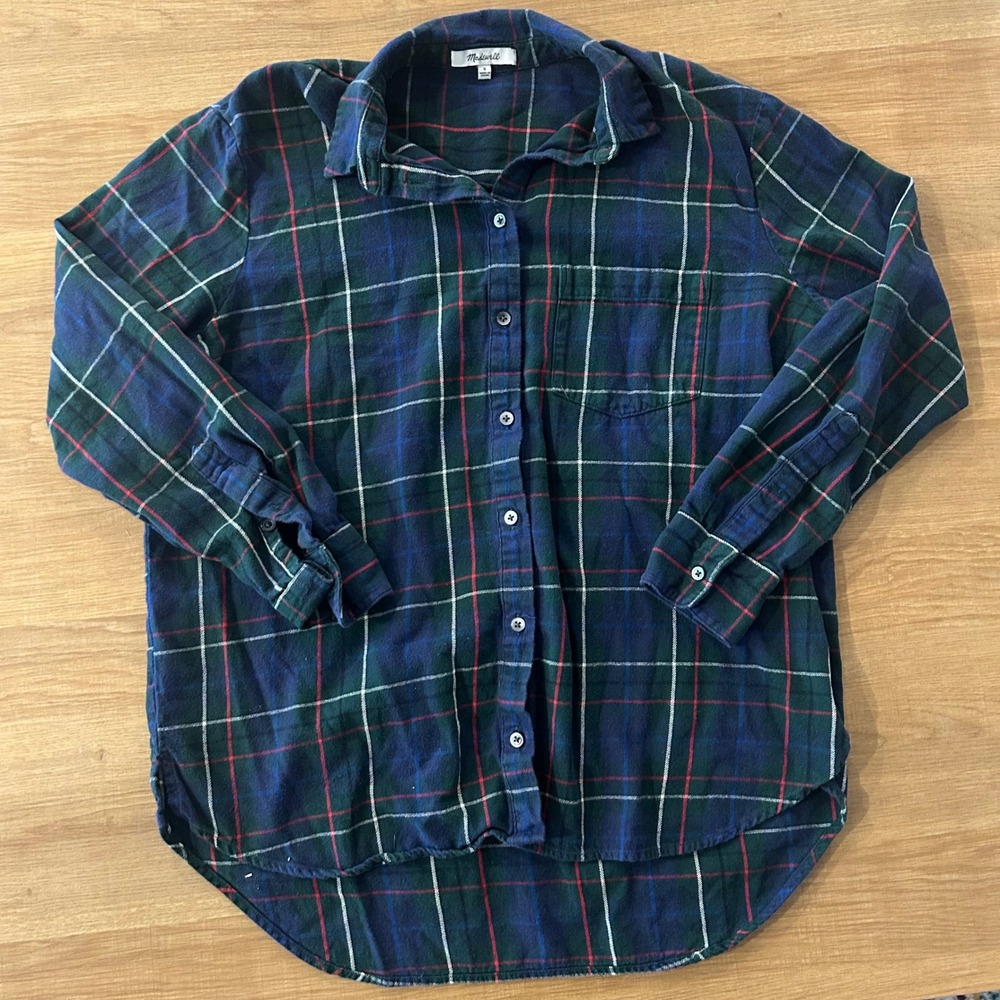 Madewell Plaid Flannel Shirt Long Sleeve Button Down Blue Green Cotton Size S